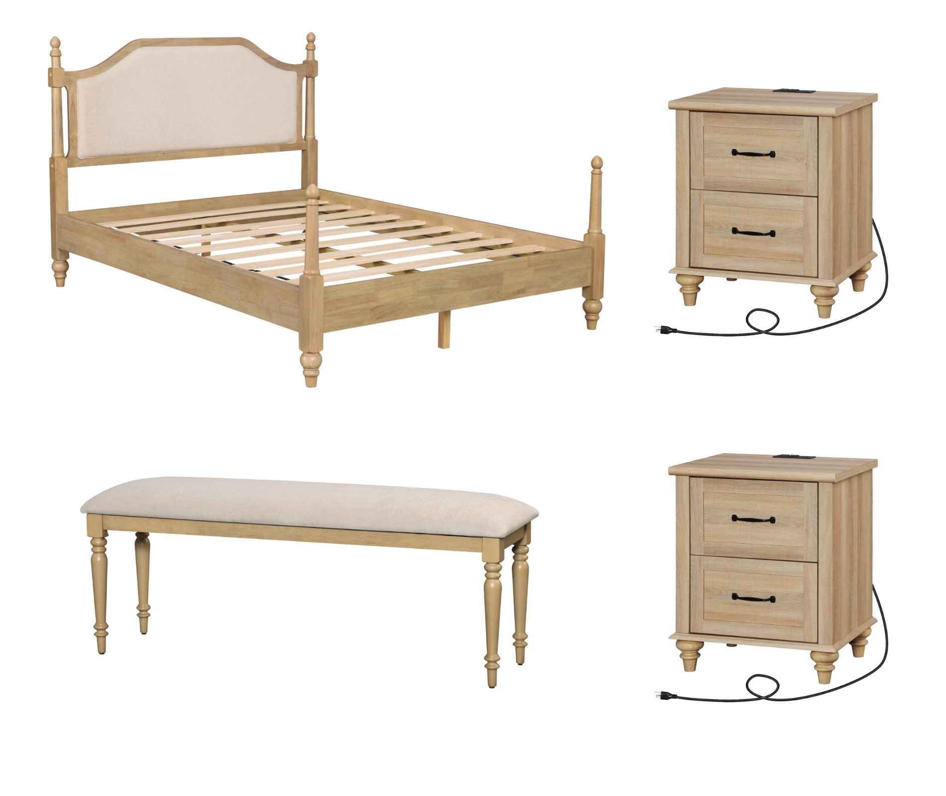 4 Piece Bedroom Set, Queen Bed Frame & 2 Nightstands with Charging Station & Upholstered End of Bed Bench, Oak