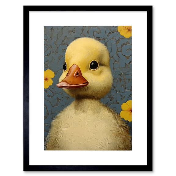 Duckling with Flowers Oil Painting Kids Bedroom Baby Nursery Duck Artwork Framed Wall Art Print 9X7 Inch