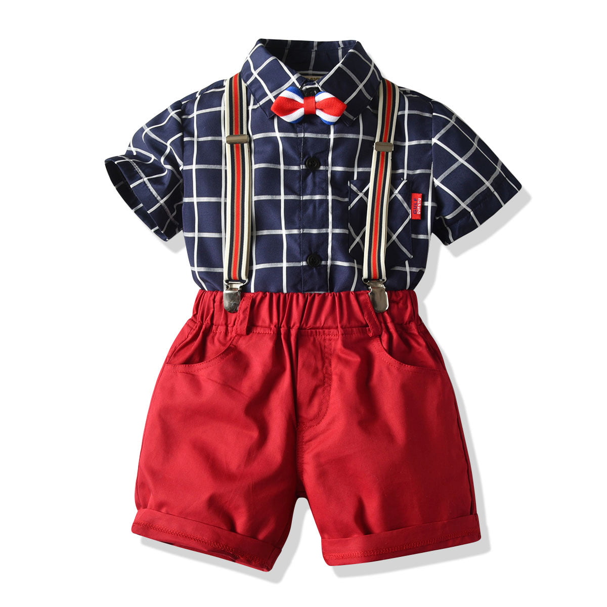 Toddler Baby Boys Outfits Infant 2PC Sets Summer Plaids T-shirt Short Overalls 