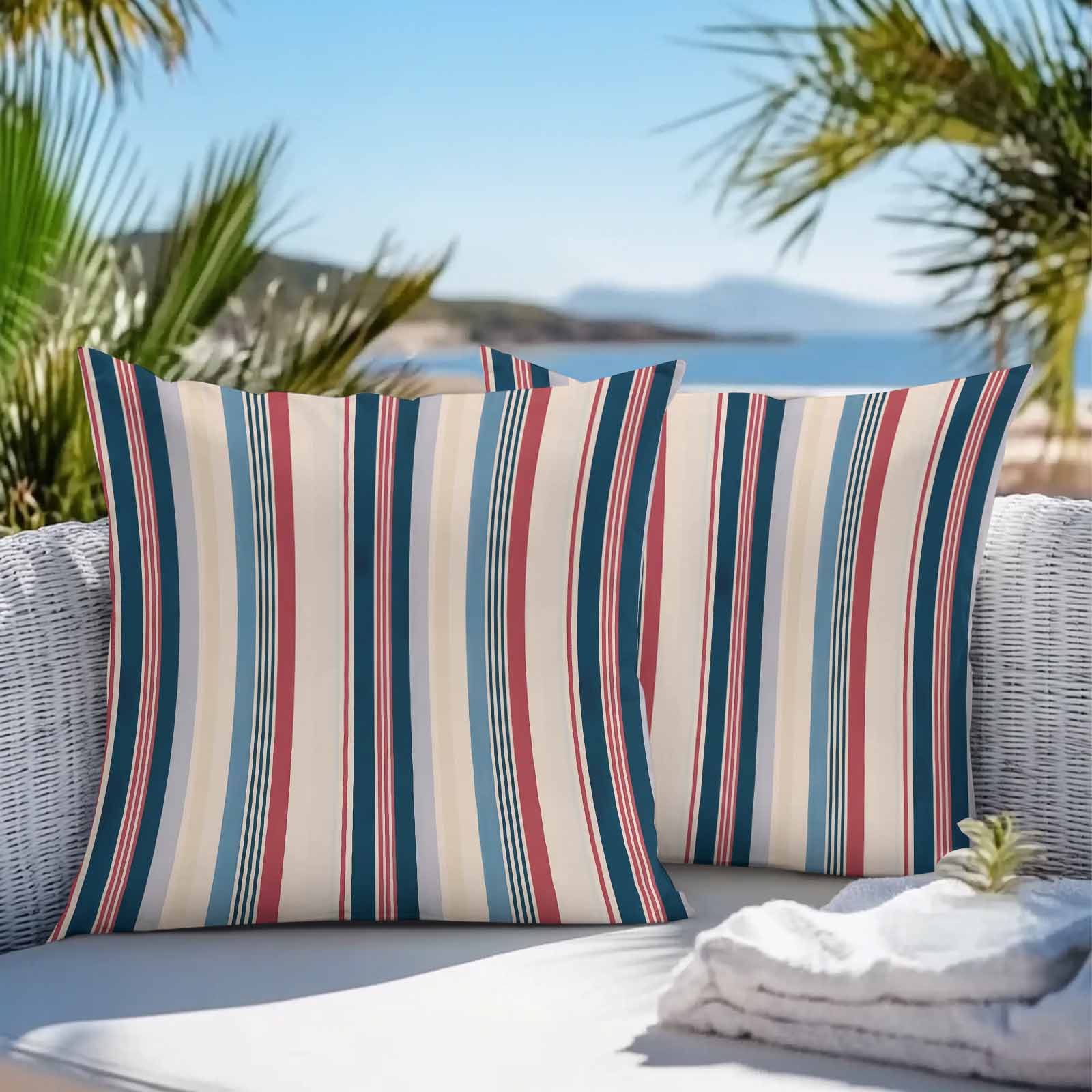 Vintage Stripes Outdoor Pillow Covers Set of 2 Navy Red Blue Striped Retro Lines Waterproof Throw Pillow Case Decorative Square Cushion Cover for Patio Couch Garden Balcony, 26"x26"