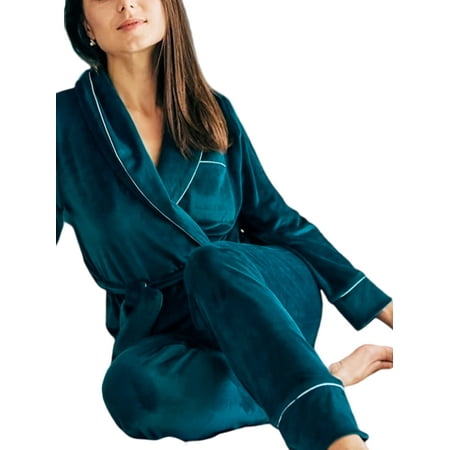 

Frontwalk Women Robe Lapel Nightgowns Lace Up Pajamas Set Party Winter Warm Bathrobe Long Sleeve Nightwear Green M