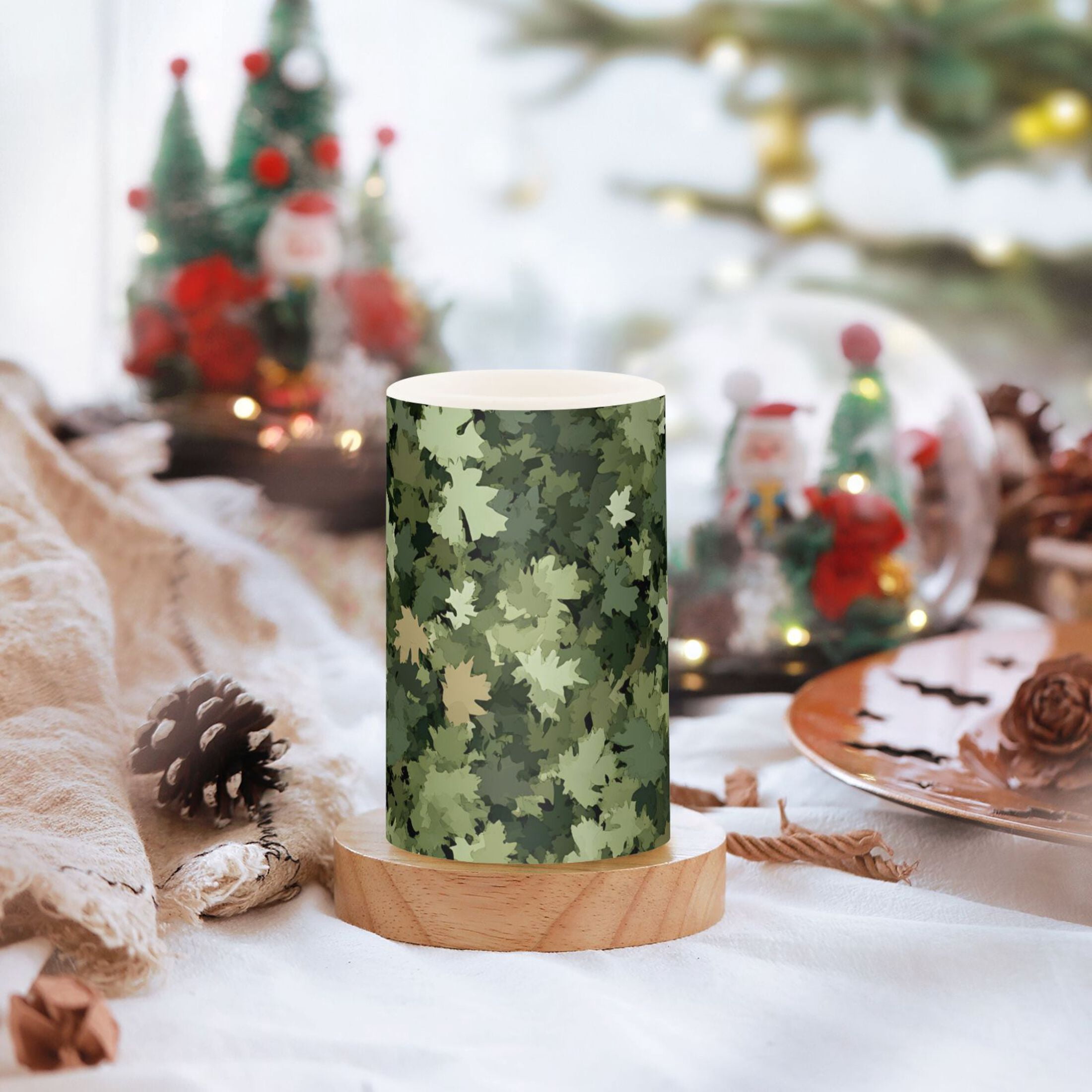 Dark Green Leaf Camouflage Flickering Flameless Candles Battery Operated with Remote Timer LED Pillar Candles Set of 2