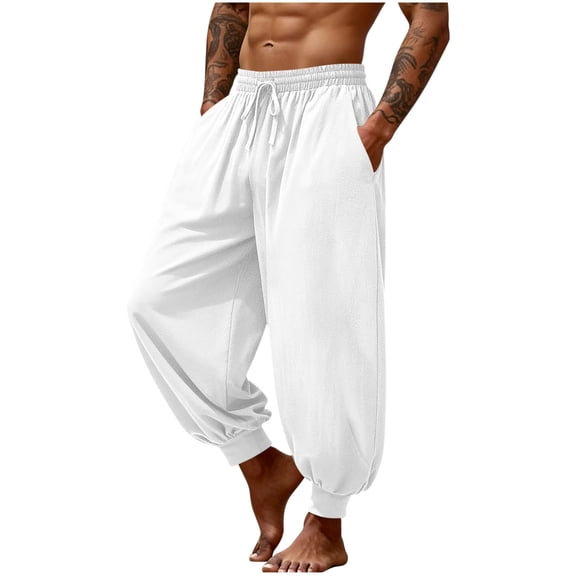 hotojiny Mens Harem Pants Casual Elastic Waist Drawstring Cotton Cropped Linen Pants Baggy Boho Beach Yoga Trousers M-3XL