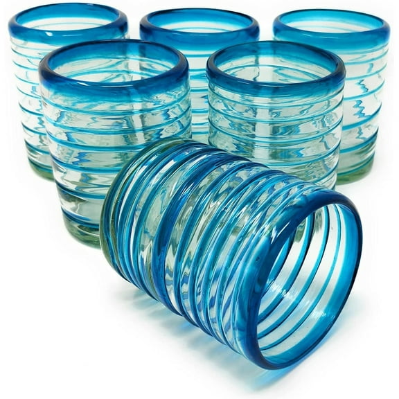 Dos Sueños - Hand Blown Mexican Drinking Glasses  Set of 6 Tumbler Glasses with an Aqua Spiral Design 10 oz each
