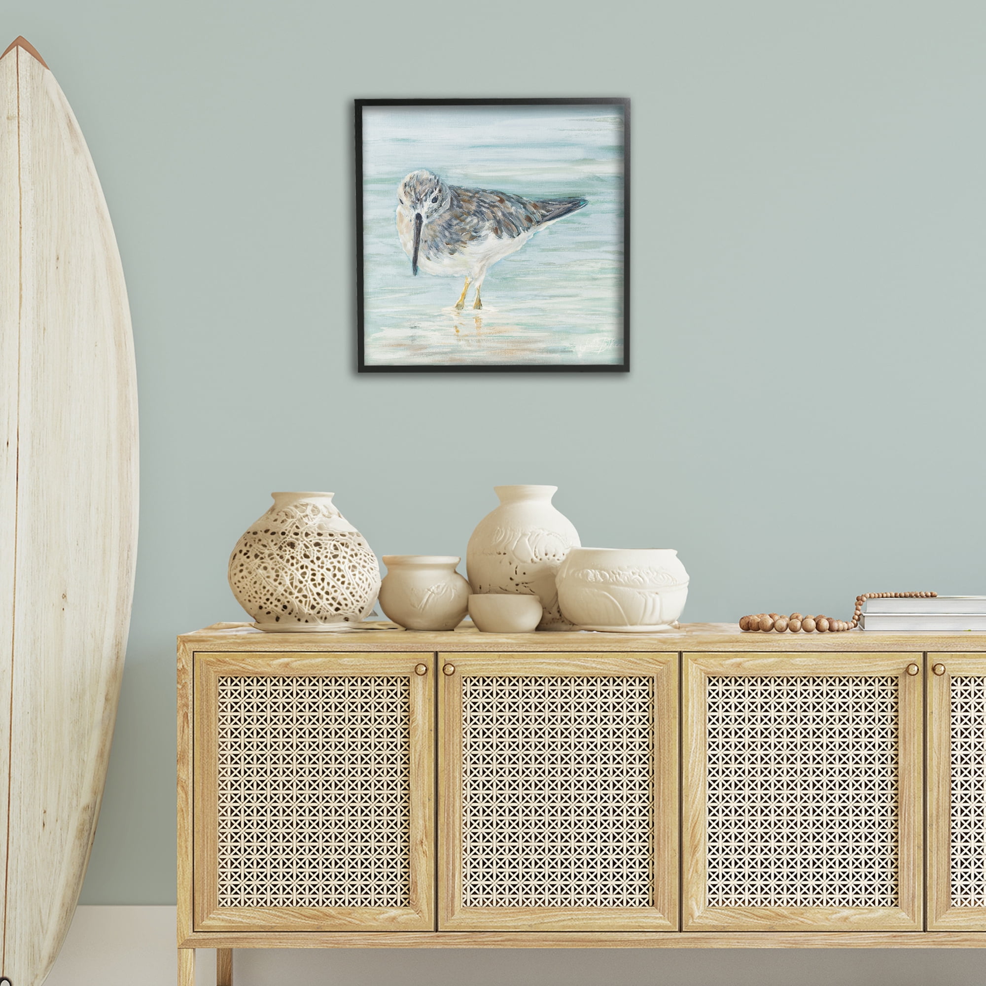 Stupell Industries Sandpiper on Shallow Shore Animals & Insects Painting Black Framed Art Print Wall Art, 24 x 24