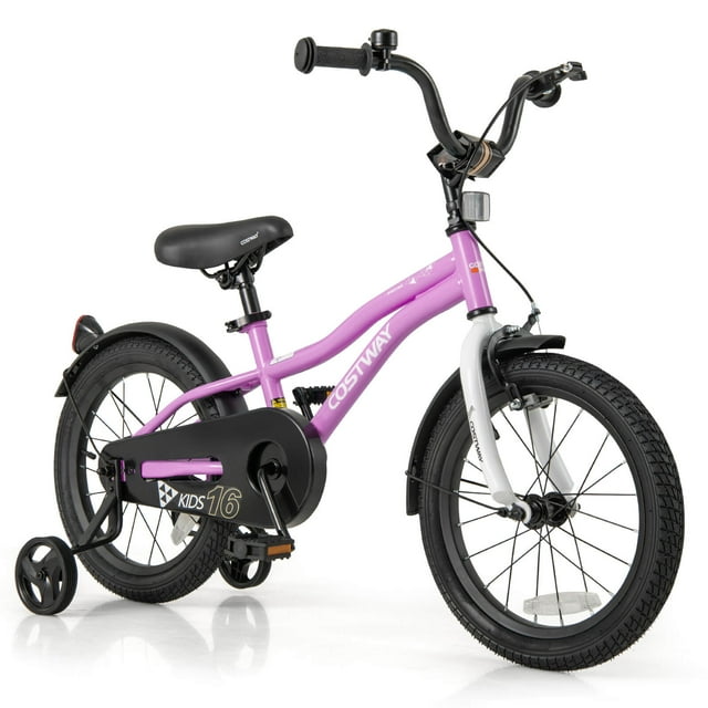 Costway Vélo pour Enfants de 16 Pouces pour Garçons et Filles de 4 à 7 Ans avec Siège Ajustable, Frein à Main, Réflecteurs, Violet