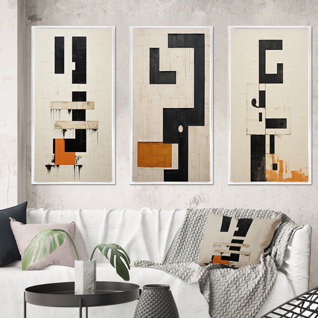 Designart "Abstract Monochrome Minimalism New Order V" Modern Geometric Framed Wall Art Set Of 3 - Black Abstract Frame Gallery Wall Set For Home Decor