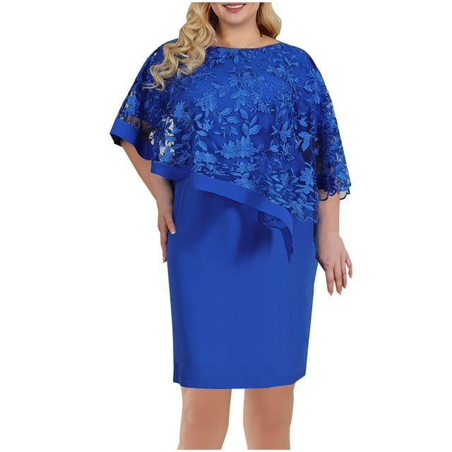Capelet Robe Mère de la Mariée Grande Taille en Dentelle Bobycon Robe Crayon Invitée de Mariage Cape Cocktail Robes de Soirée Bleu, TG