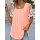 thumbnail image 1 of Camiseta estampada plisada con cuello cuadrado para mujer, camisetas de manga corta con empalme de encaje, Tops holgados informales para mujer 2023, 1 of 5