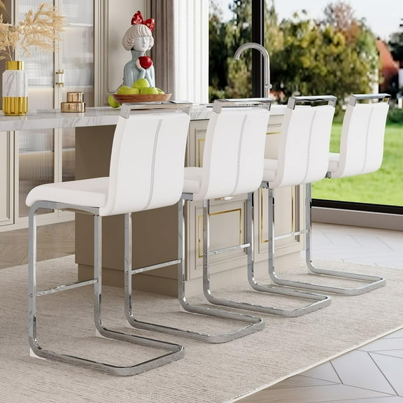 Lecut Bar Stools Set of 4,Counter Height Bar Stools with Back and Footrest,Modern Leather Counter Stools,Armless Dining Chairs for kitchen island,Pub,Bar,White