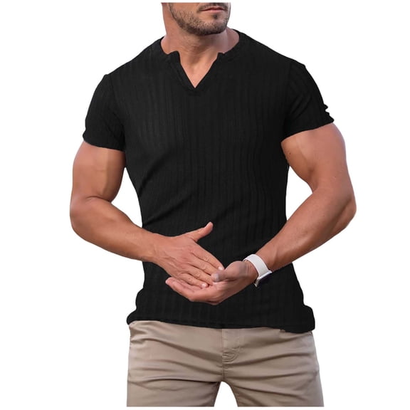ZVNAΖH Men's Casual Ribbed Notch V Neck Tee, Slim Fit Short Sleeve Stretch Muscle T Shirt Bodybuilding Gym Workout Athletic Tee