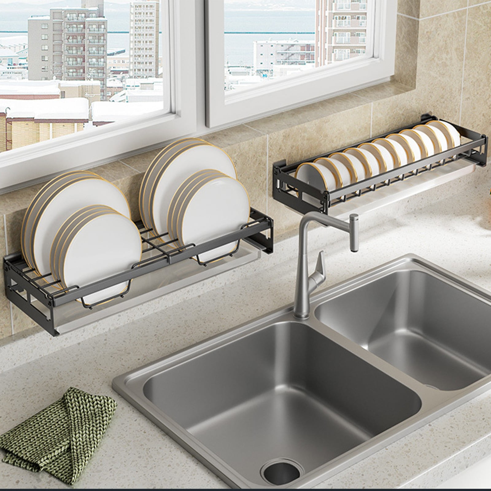 Wall Mounted Carbon Steel Bowl Rack and Dish Drying Organizer for Kitchen Storage
