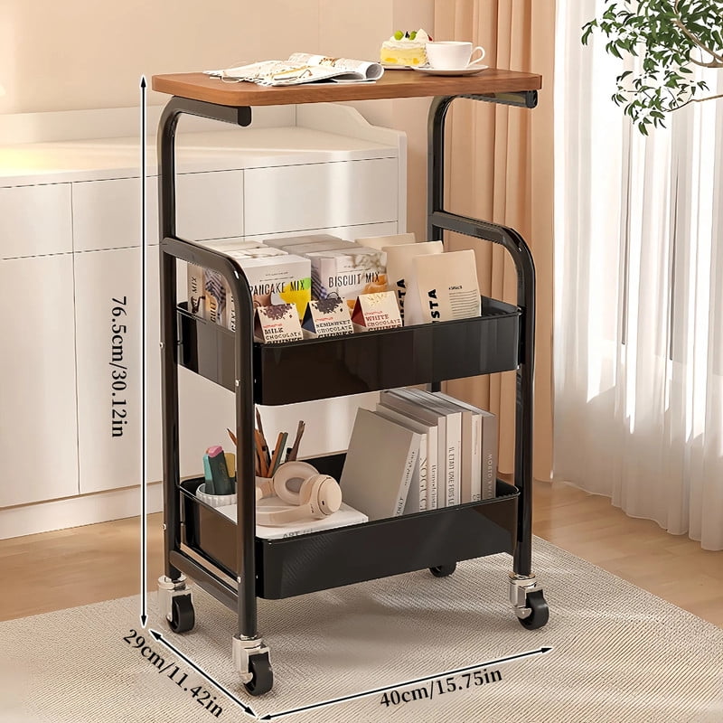Howcool 3-Layer Metal Rolling Cart with Lockable Wheel, Kitchen Storage Rack with Wooden Desktop