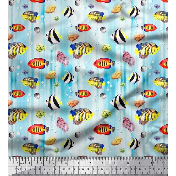Soimoi Cotton Duck Fabric Fish & Shells Ocean Printed Fabric 1 Yard 42 Inch Wide