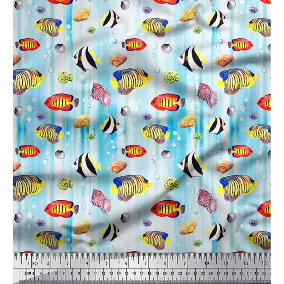 Soimoi Cotton Cambric Fabric Fish & Shells Ocean Decor Fabric Printed Yard 42 Inch Wide