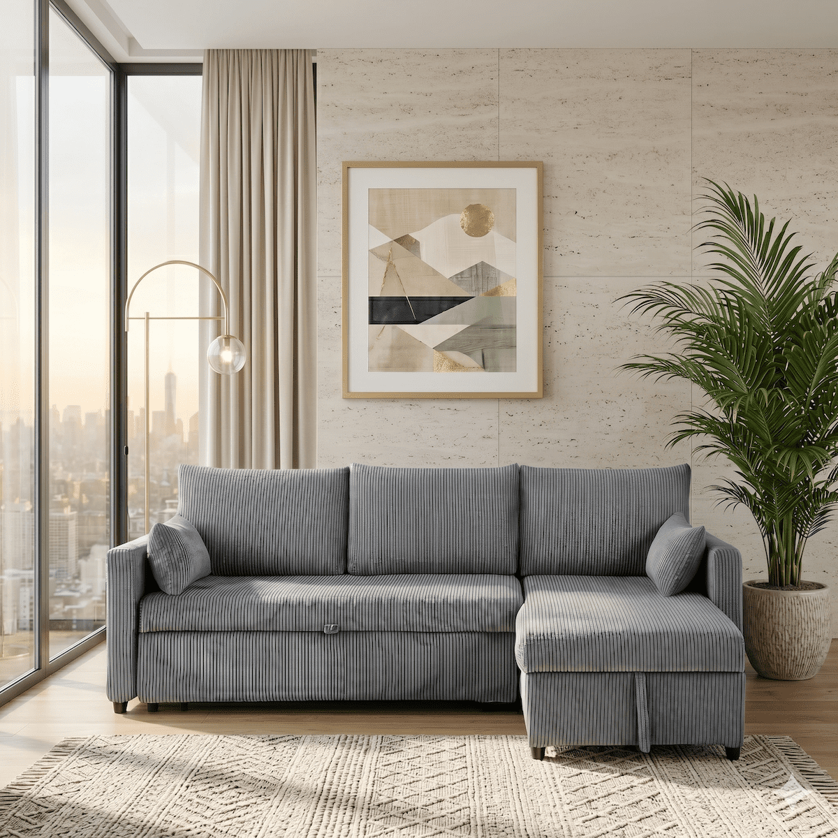 Xiweot 85" Sectional Sofa Bed, L Shaped Sleeper Sofa with Pull Out Bed & Storage Chaise, Corduroy 3 Seat Sectional Couch for Living Room Apartment Small Space (Black) (Gray)