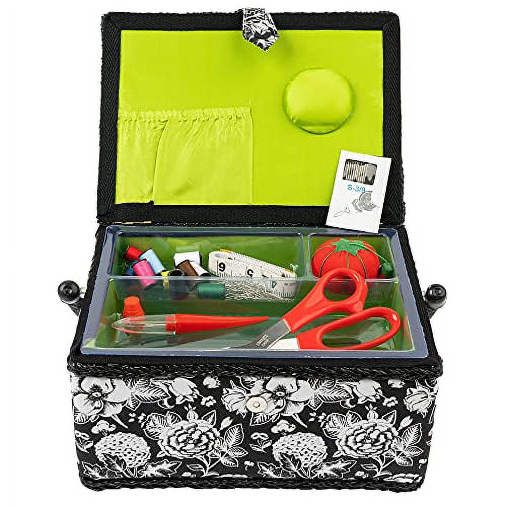 SINGER Sewing Basket with Notions Storage, Black and White Floral Print