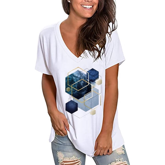 Abcnature Women Short Sleeve V-Neck Print T Shirts Tops Blouse Blue S