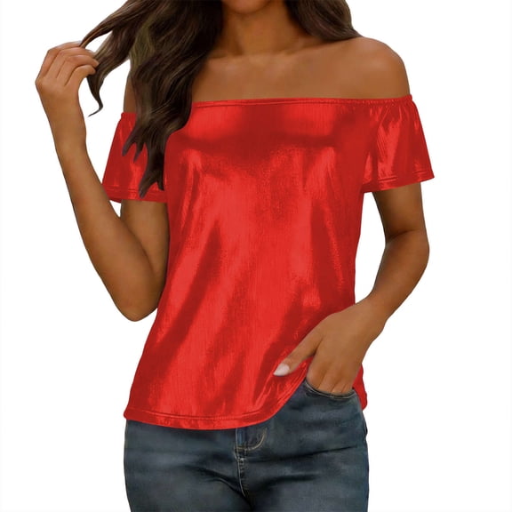 GUACER Womens Off Shoulder Blouses Fashion Sequin Ribbed Solid Loose Casual Short Sleeve Tops
