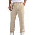 thumbnail image 2 of Betivan Men's Drawstring Linen Pants Pocket Button Straight Leg Solid Color Casual Daily Long Trousers Bottoms for Daily Office Outing Leisure, 2 of 9