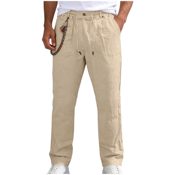 BVnarty Men's Linen Casual Straight Leg Beach Pants Elastic Waist Drawstring Lightweight Summer Trousers for Beach Vacation Khaki XXXL