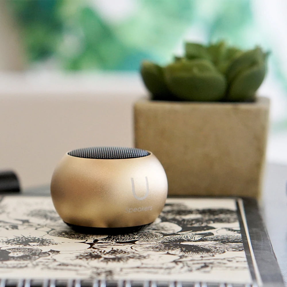 Fashionit U Speakers Mini Bluetooth Computer Speaker 2-Pack Bundle with Matching Speaker, Built-In Mic & Selfie Remote Control, for Workspace, Desktop, Laptop, Mobile, Tablet, PC - Gold