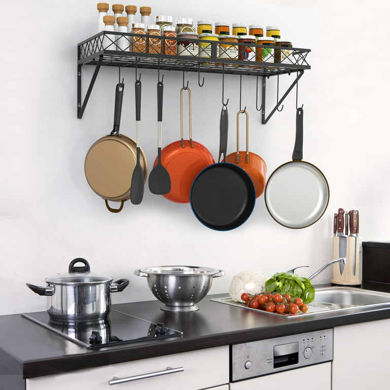 Auledio Pot Rack Wall-Mounted Cookware Organizer with 10pcs Hooks for  Kitchen, Black 