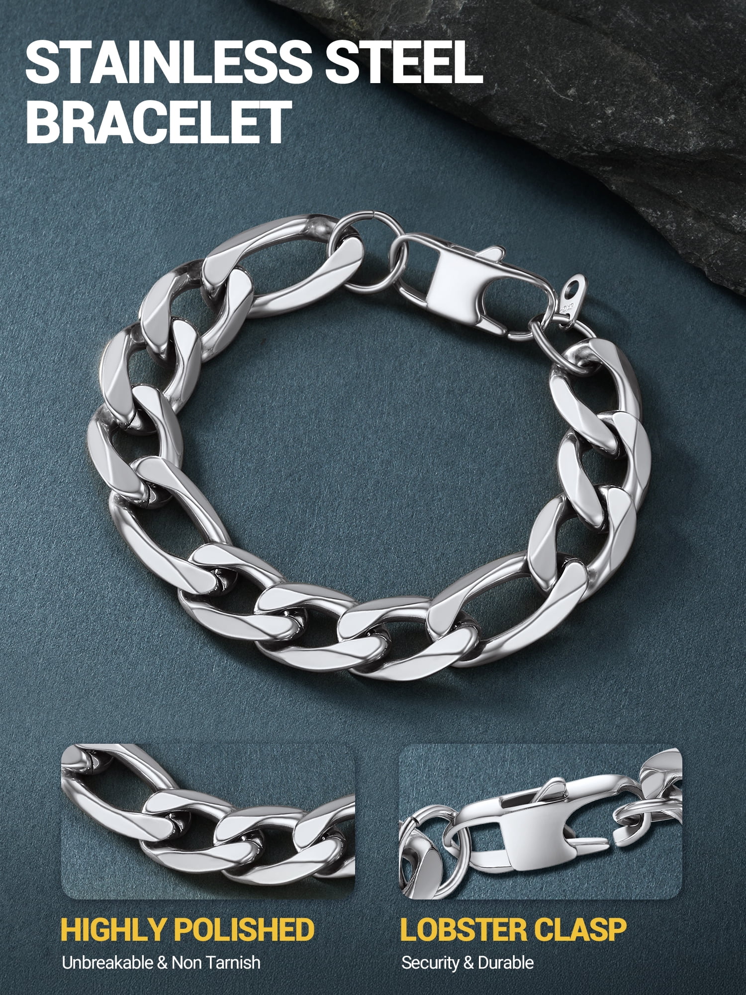 PROSTEEL Bracelet for Men Stainless Steel Figaro Chain Wrist Link Bracelets 13MM 8.3 inch Boyfriend Silver Birthday Father Day Jewelry Gift for Him Dad Son Adult Age