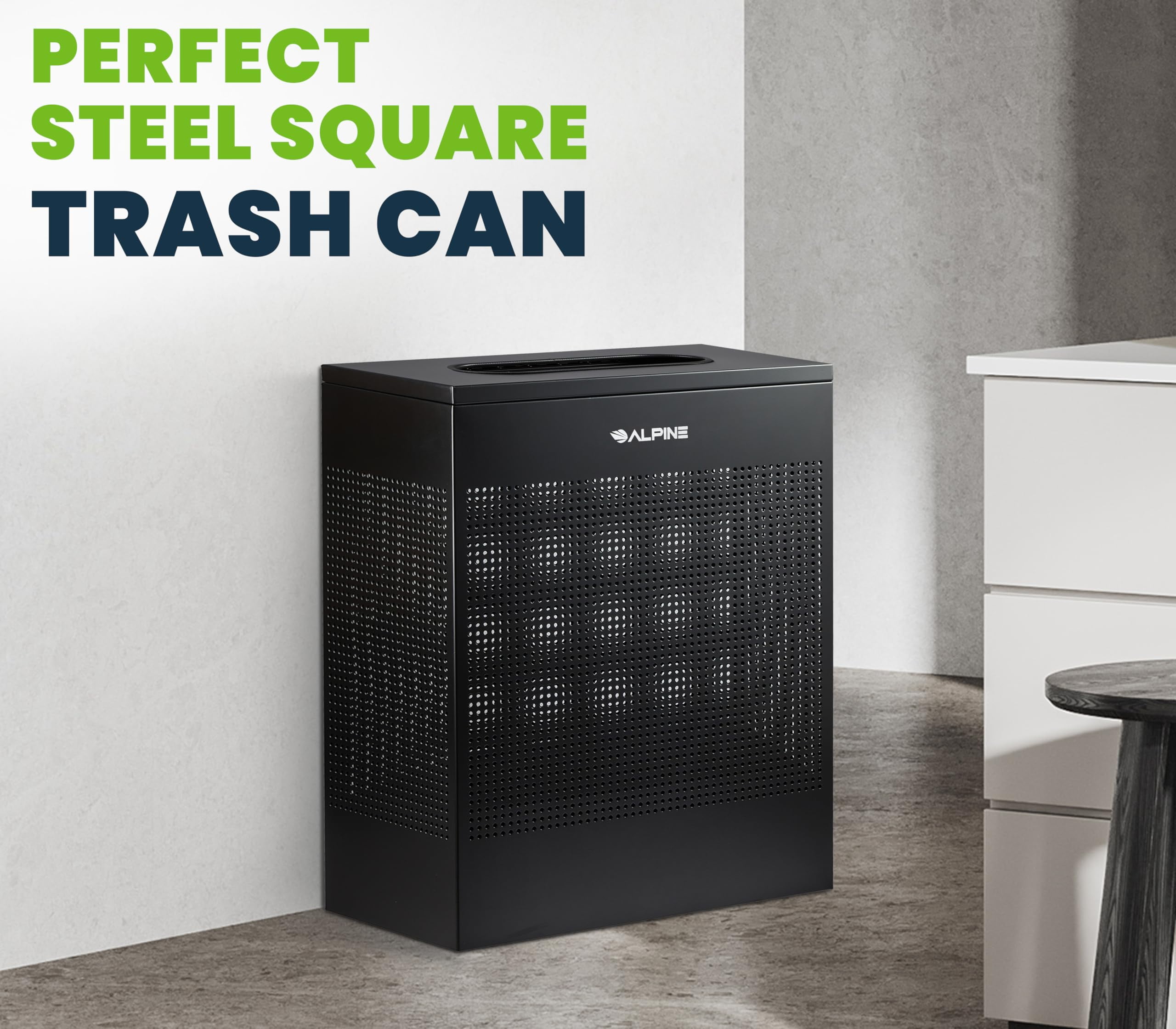 Alpine Black Commercial Trash Can - Large Perforated 23 Gallon Trash Can Open Top, Modern Metal Heavy Duty Garbage Can for Indoor & Outdoor in Office