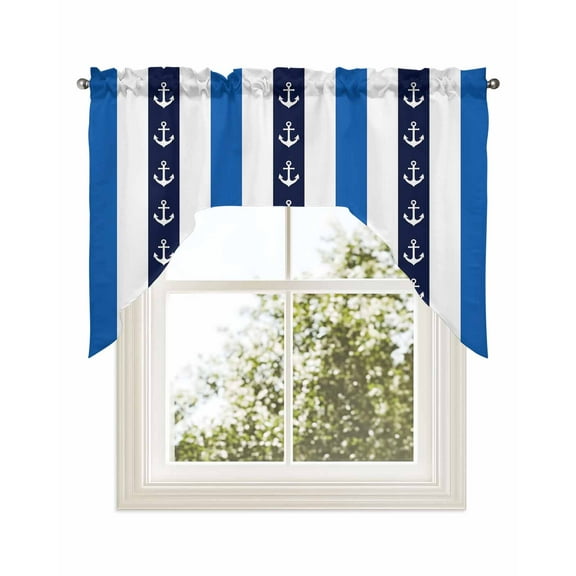 Anchor Stripe Kitchen Curtains Swag Valance for Windows/Bathroom/Cafe, Navy Blue Nautical Coastal White Sea Rod Pocket Drape Panel Swag Curtains Valance for Bedroom/Living Room 56"x36"