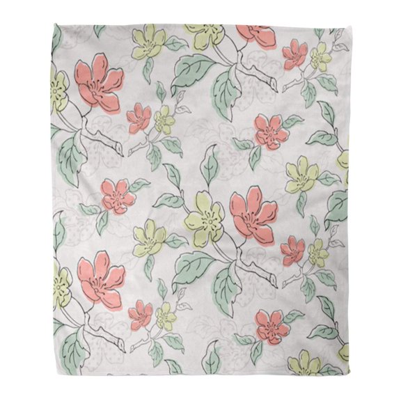 SIDONKU Flannel Throw Blanket Pink Beautiful Floral Yellow Blossom Botanical Country Delicate Drawing Soft for Bed Sofa and Couch 50x60 Inches