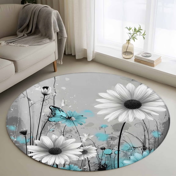 Teal Gray Daisy Butterfly 3FT Round Area Rugs Nature Floral Wildflowers Abstract Soft Small Round Rug Non-Slip, Ultra-Thin Indoor Circle Carpet for Bedroom Entryway Kitchen Bathroom