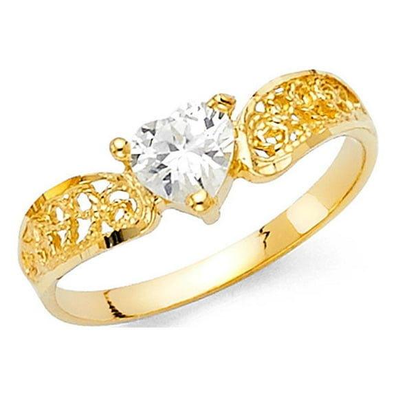 CZ Heart Ring Solid 14k Yellow Gold Love Band Curve Promise Ring Fashion Stylish Polished Fancy, Size 7