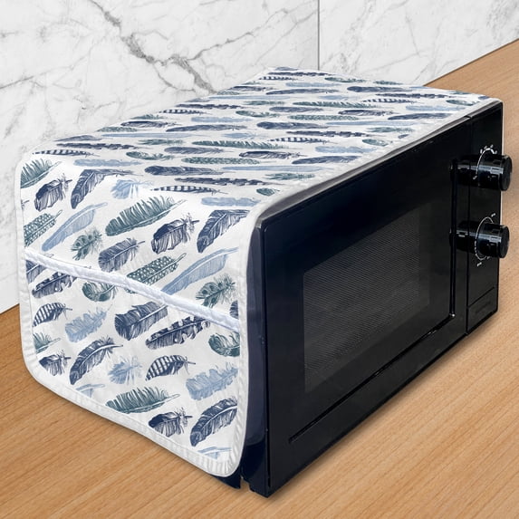 Vintage Tribal Microwave Oven Cover, Sketch Drawn Boho Feather Theme Monochrome Composition Print, Water Resistant Organizer with Pockets for Kitchen, 36" x 12", White Teal and Blue Grey, by Ambesonne