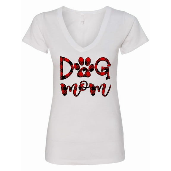 Inktastic Dog Mom with Paw Print in Plaid Women's V-Neck T-Shirt