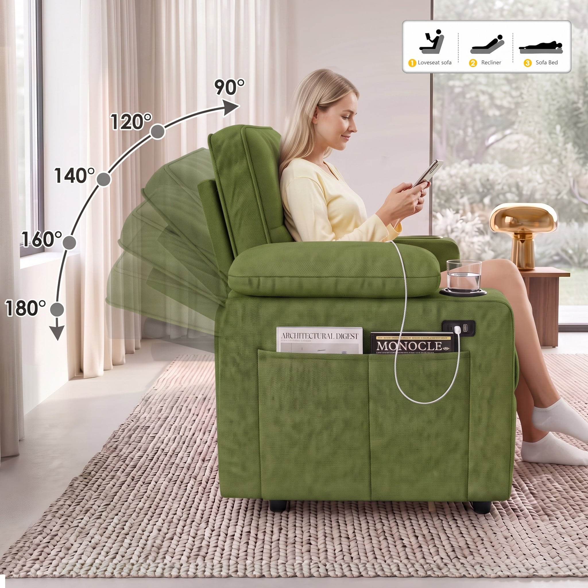 Xiweot 58" Convertible Sleeper Sofa Bed, Full Size Pull Out Couch with USB Charger, Cup Holders, Adjustable Backrest & Side Pocket, Teddy Fabric Loveseat for Living Room Small Space (Green)