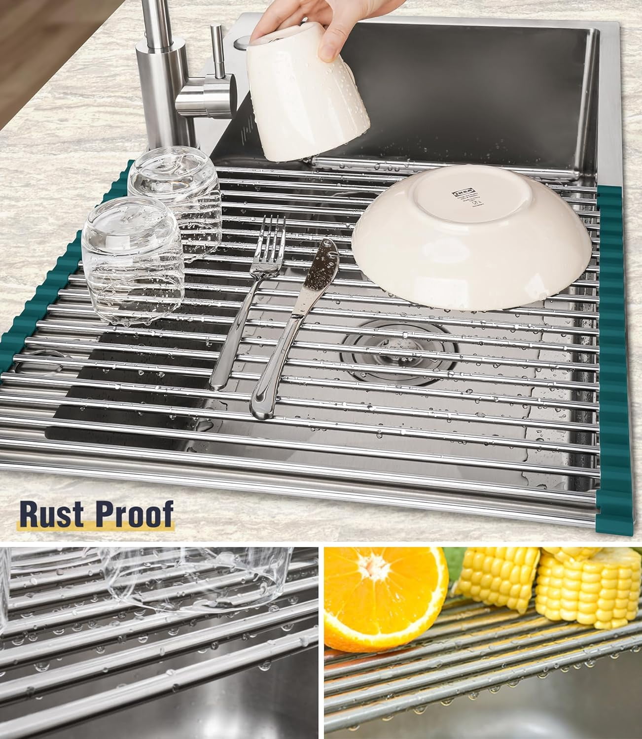 JJEAN-Stainless Steel Roll Up Dish Drying Rack, Foldable Over The Sink Rolling Drainer Rack, Multipurpose Kitchen Gadget Draining Caddy Organizer, Space Saving Sink Accessory Storage Shelf Holder