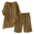 thumbnail image 2 of Womens Plus Size Linen Shorts Sets - 2 Piece Summer Outfits - Ladies Casual Button V-Neck Short Sleeve Shirts Tops and Elastic Waist Drawstring Bermuda Shorts Pants Sets, 2 of 4