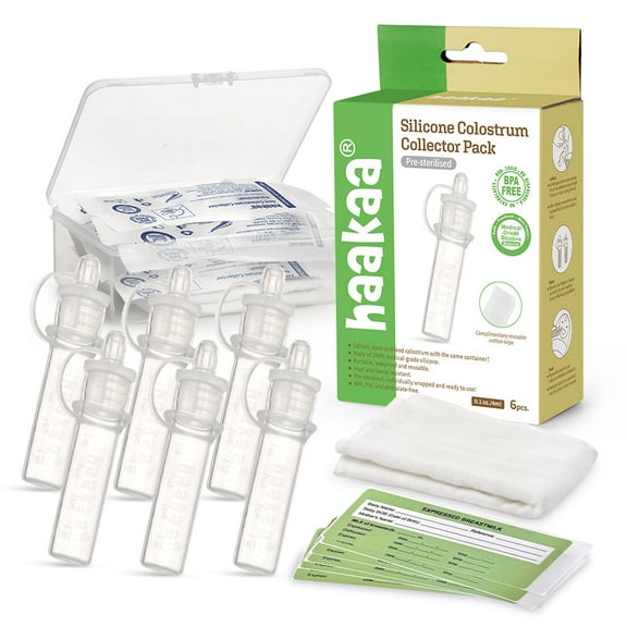 Haakaa Silicone Colostrum Collector Set, 6 x 4ml Collectors with Clear Storage Case & Cotton Wipe, Reusable, Sterile, BPA Free, for Breastfeeding & Newborn Feeding