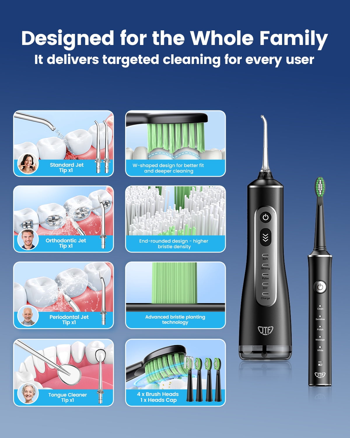 JTF 2-in-1 Oral Clean Kit- Electric Toothbrush & Water flosser Combo with Multiple Modes, 5 Brush Heads and 5 Jet Tips, Brushing & Flossing- Rechargeable for Teeth Cleaning and Gum Health, Black
