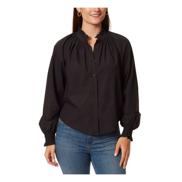 ANNE KLEIN JEANS Womens Black Ruffled Smocked Curved Hem Long Sleeve Round Neck Wear To Work Button Up Top M