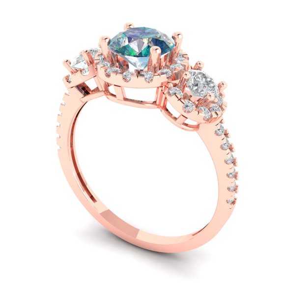 1.46 ct Round Cut Blue Moissanite Three-Stone Engagement Ring for Women in 18K Rose Gold