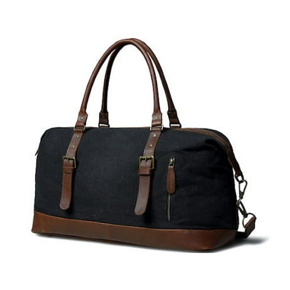 Weekender Travel and Carry On Duffle in Black and White Canvas Fabric and Leather