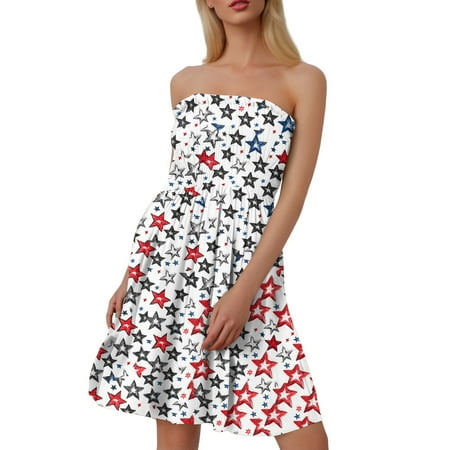 DBAIXID Fourth of July Dress for Women Sleeveless Red White and Blue 1776 Patriotic Boat Neck Summer Dresses Plus Size Loyalty & Honor Trendy Strapless off Shoulder Dress Deep Red XL