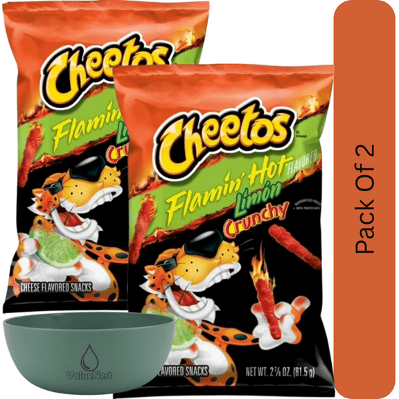 Cheetos Crunchy Flamin’ Hot Limón Cheese Snacks, 2.875 oz Bag With Olive Green Bowl By ValueNest
