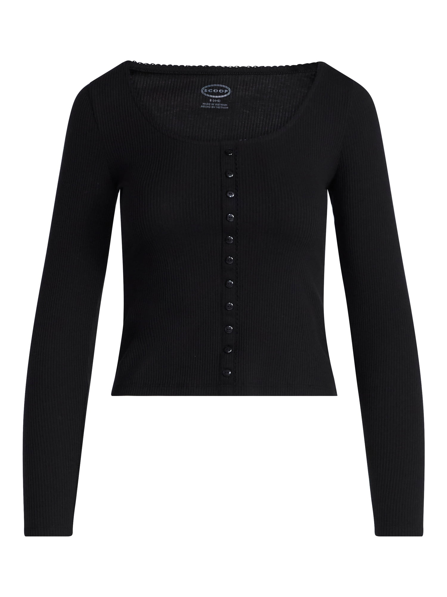 Scoop Women’s Lace Trim Scoop Neck Ribbed Tee with Long Sleeves, Sizes XS-XXL