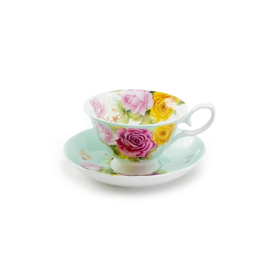 Grace Teaware Rose Bouquet Mint Green 7oz Bone China Tea Cup and Saucer
