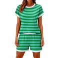 thumbnail image 3 of Sewkxo Two Piece Sets for Women Stripe Summer Lounge Short Sets Shorts Sleeve Crew Neck Sweatsuit with Pocket,Green S, 3 of 5