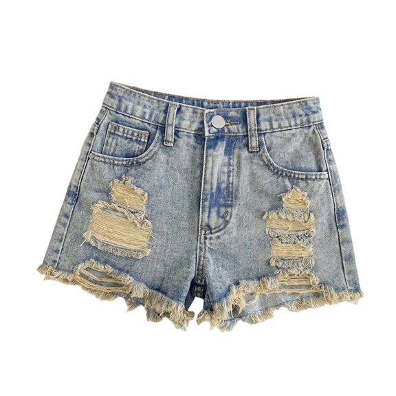 Girls Snow Washed Distressed Denim Shorts, Elastic High Waist Frayed Raw Hem Ripped Jean Shorts, Vintage Destroyed Summer Casual Kids Bottoms for Daily Wear(Dark Blue,10-11 Years)
