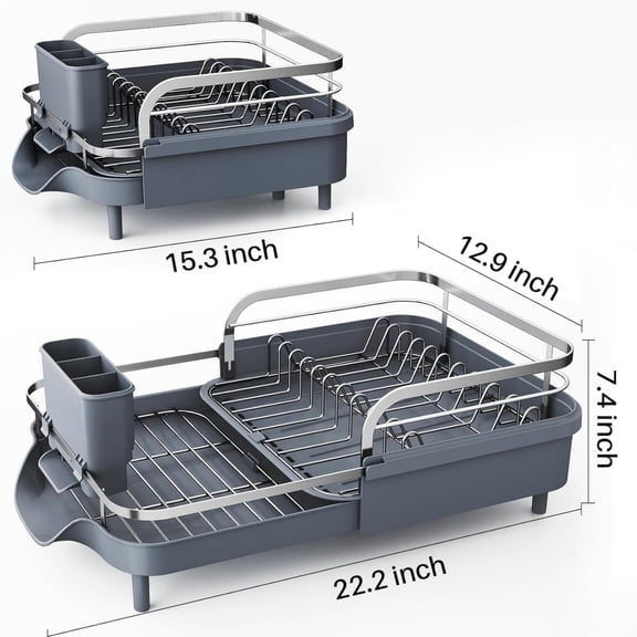 Dish Drying Rack - Expandable Dish Rack for Kitchen Counter, Rust-Resistant Dish Drainer with Utensil Holder and Raised Guardrail, Kitchen Organizer for Cup and Bottle (Grey)